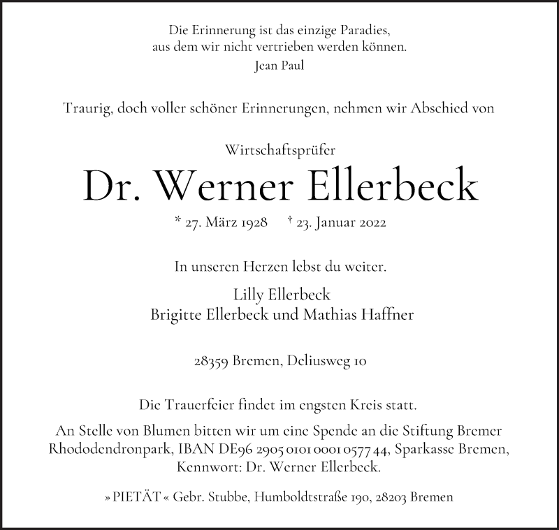Traueranzeige von Werner Ellerbeck von WESER-KURIER