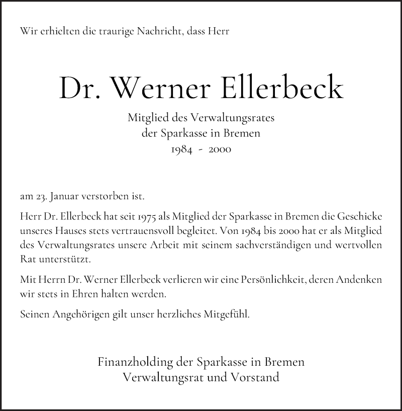 Traueranzeige von Werner Ellerbeck von WESER-KURIER