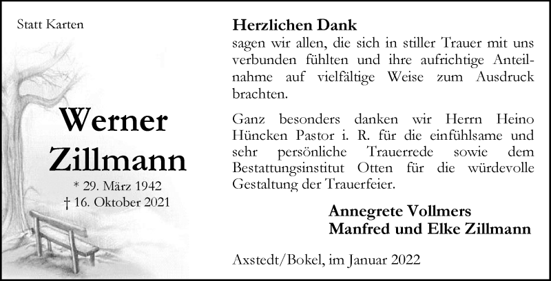 Traueranzeige von Werner Zillmann von Osterholzer Kreisblatt