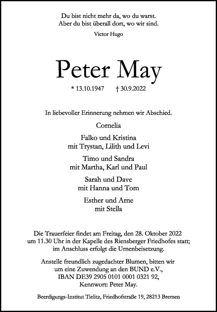 Traueranzeige von Peter May von Weser Kurier Gesamtausgabe