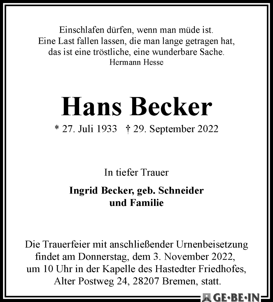 Traueranzeige von Hans Becker 