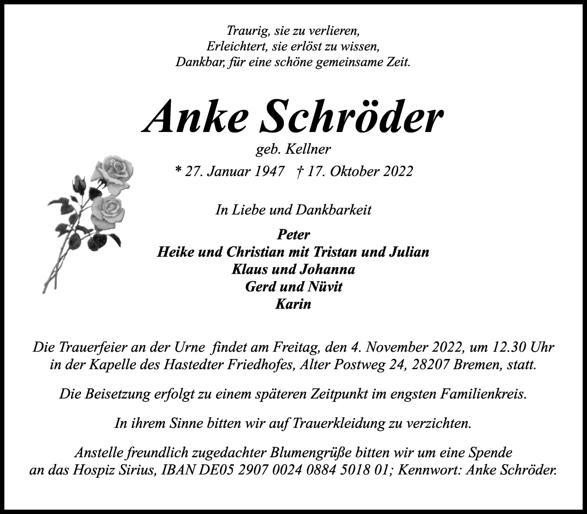 Traueranzeige von Anke Schröder von WESER-KURIER