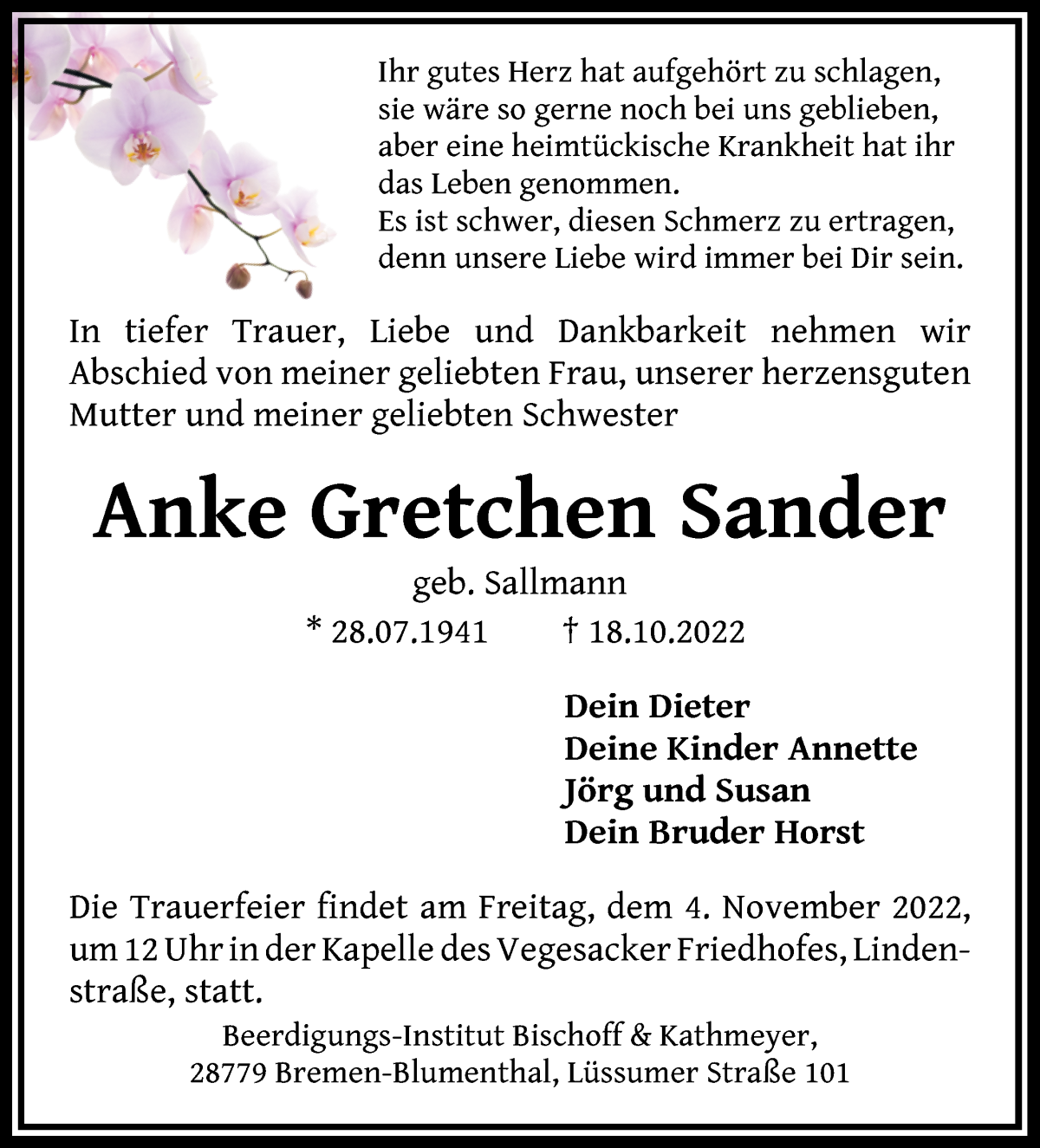 Traueranzeige von Anke Gretchen Sander von Die Norddeutsche