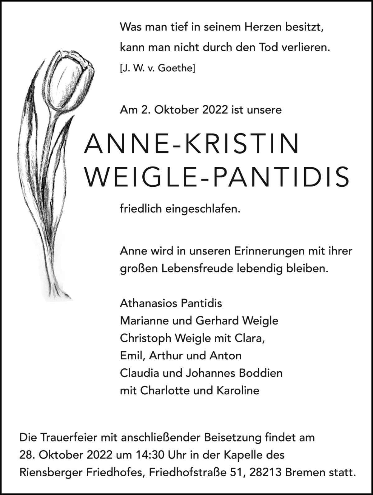 Traueranzeige von Anne-Kristin Weigle-Pantidis von WESER-KURIER