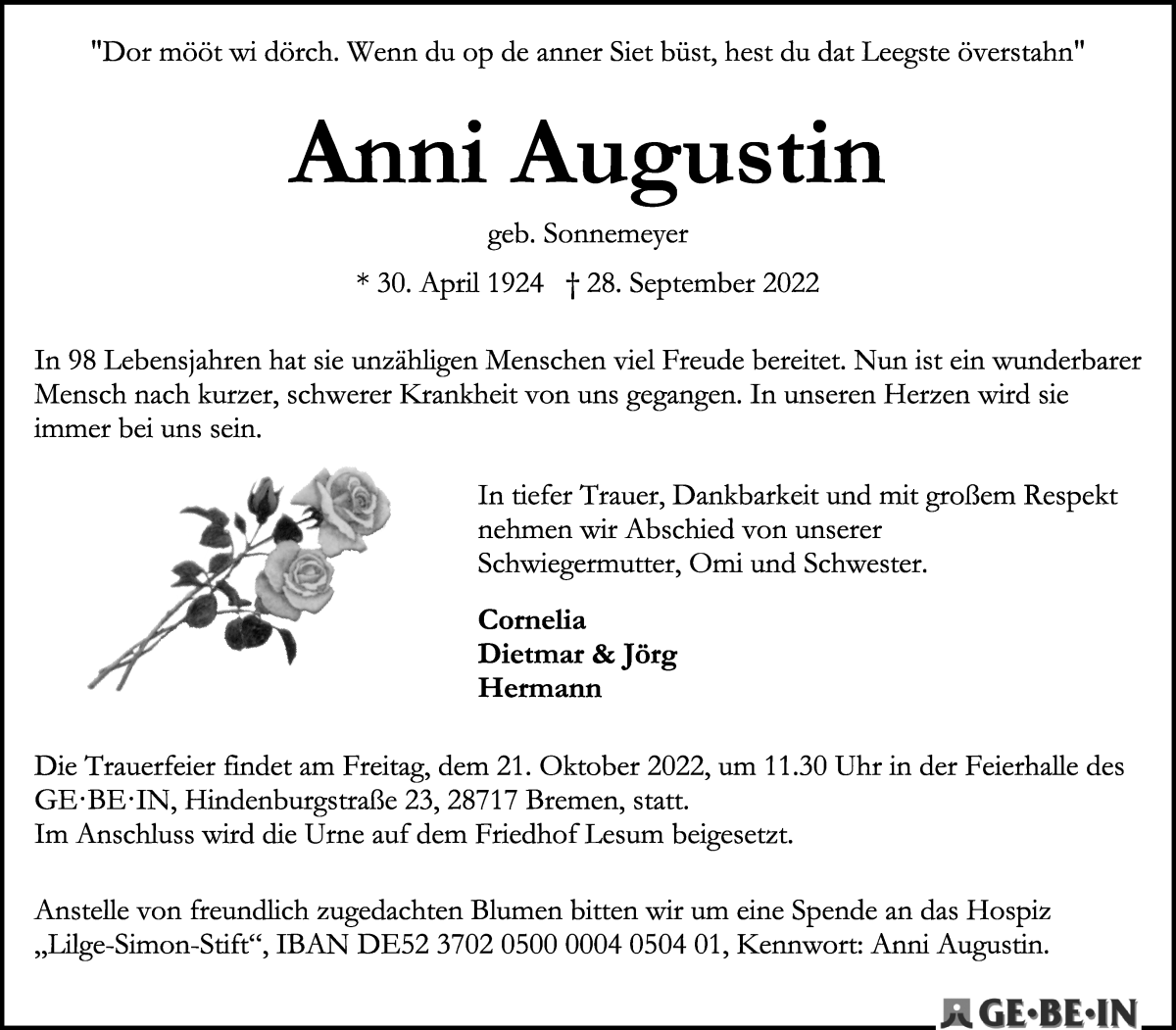 Traueranzeige von Anni Augustin von Die Norddeutsche