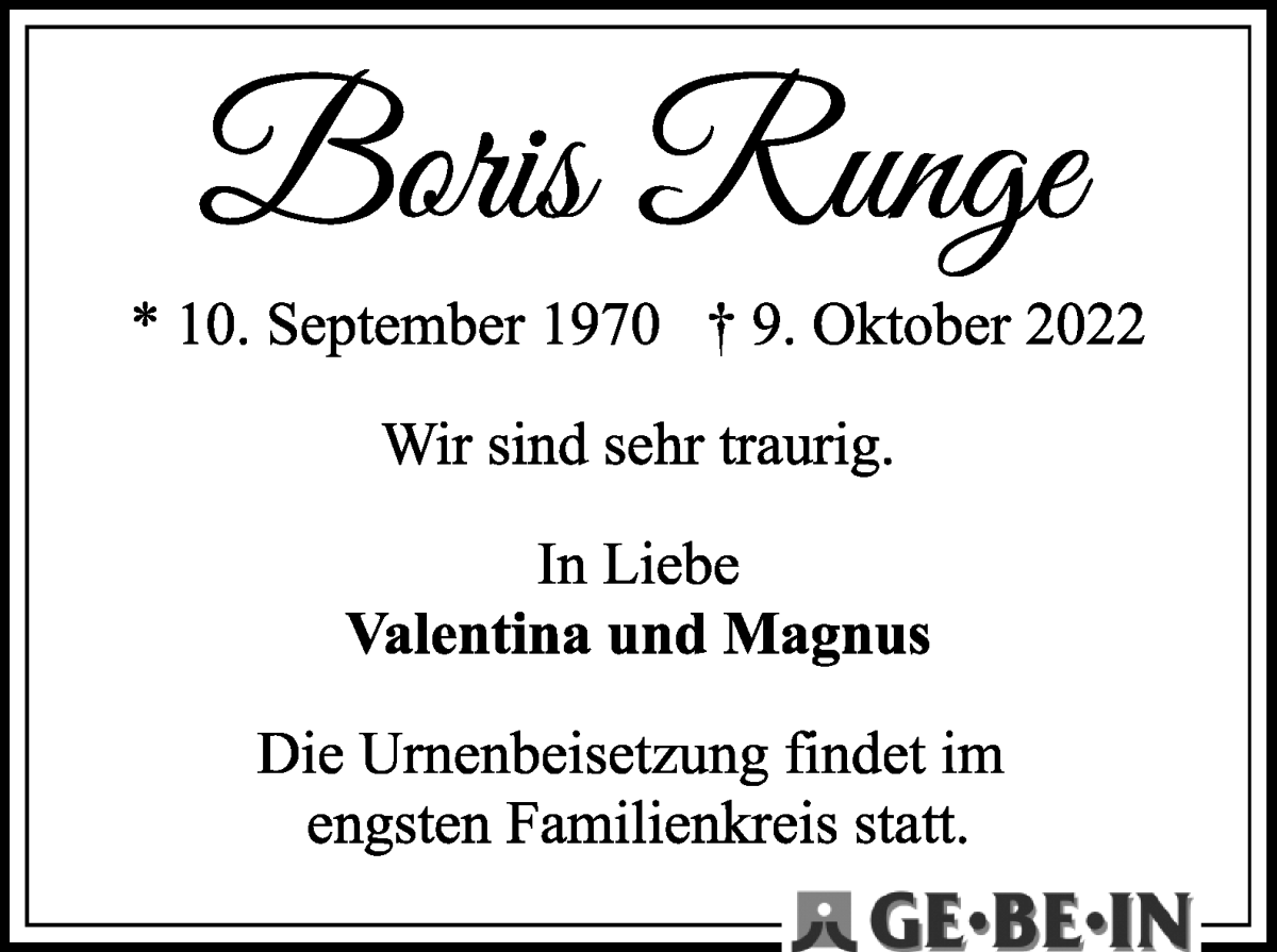 Traueranzeige von Boris Runge von WESER-KURIER