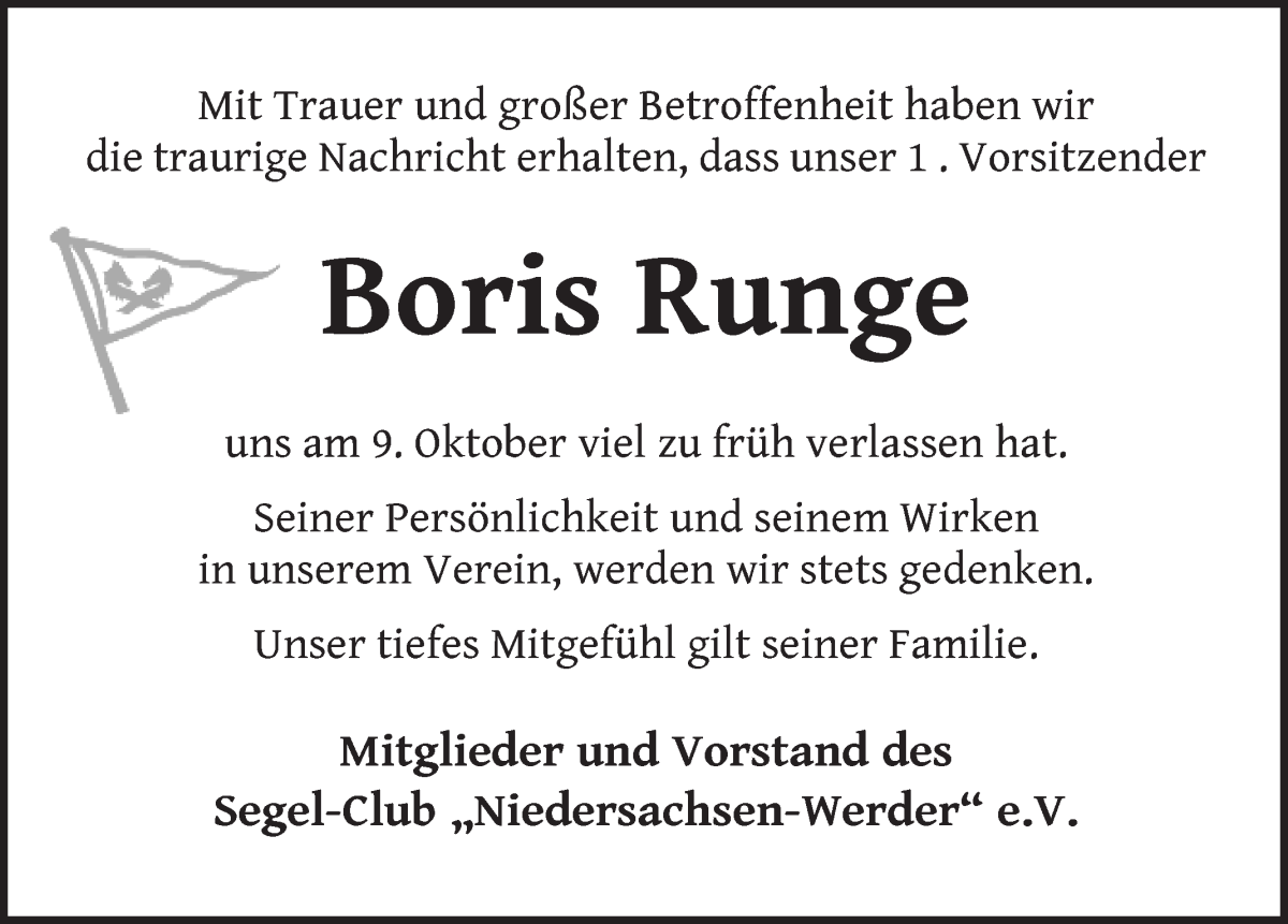 Traueranzeige von Boris Runge von WESER-KURIER