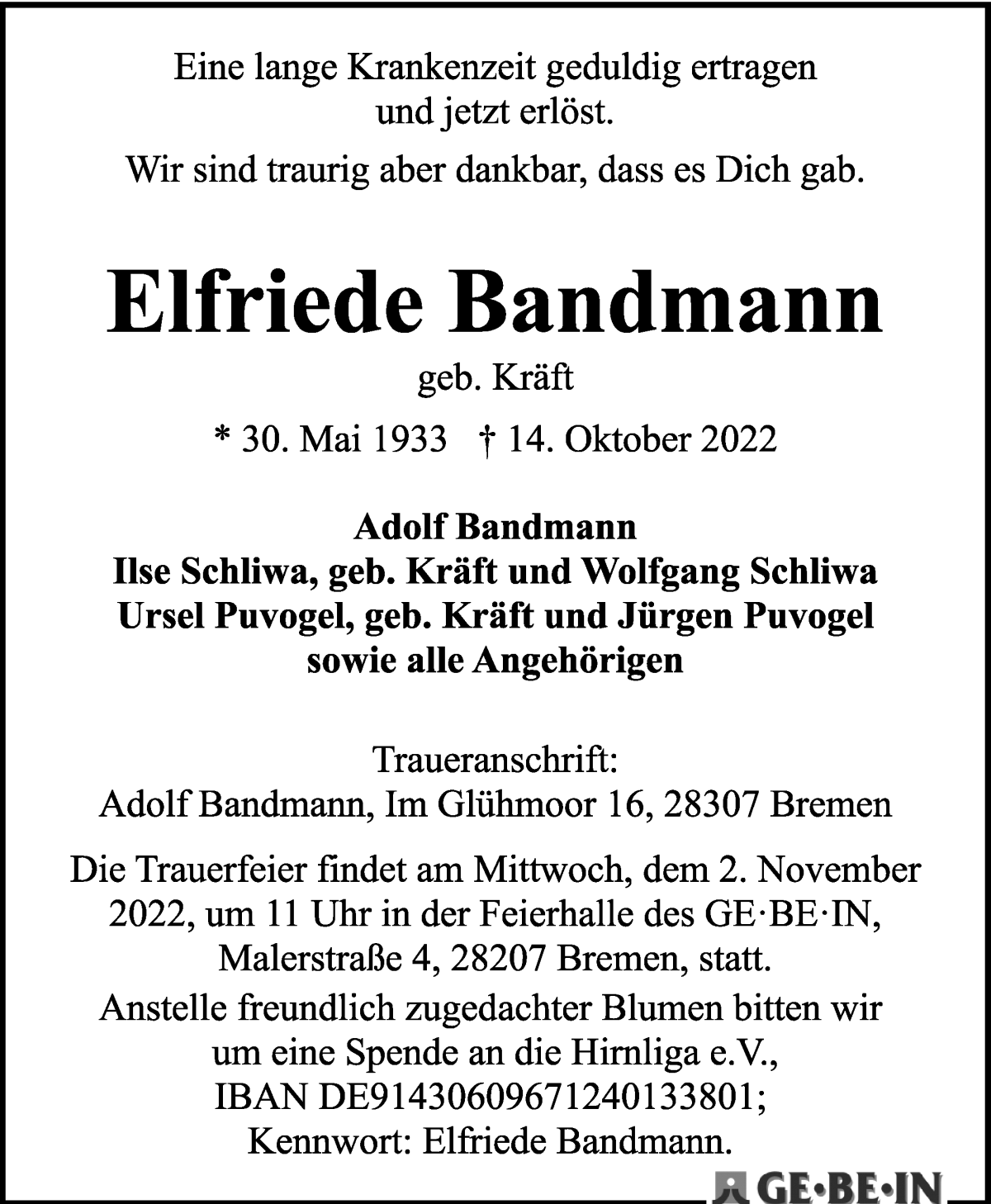 Traueranzeige von Elfriede Bandmann von WESER-KURIER