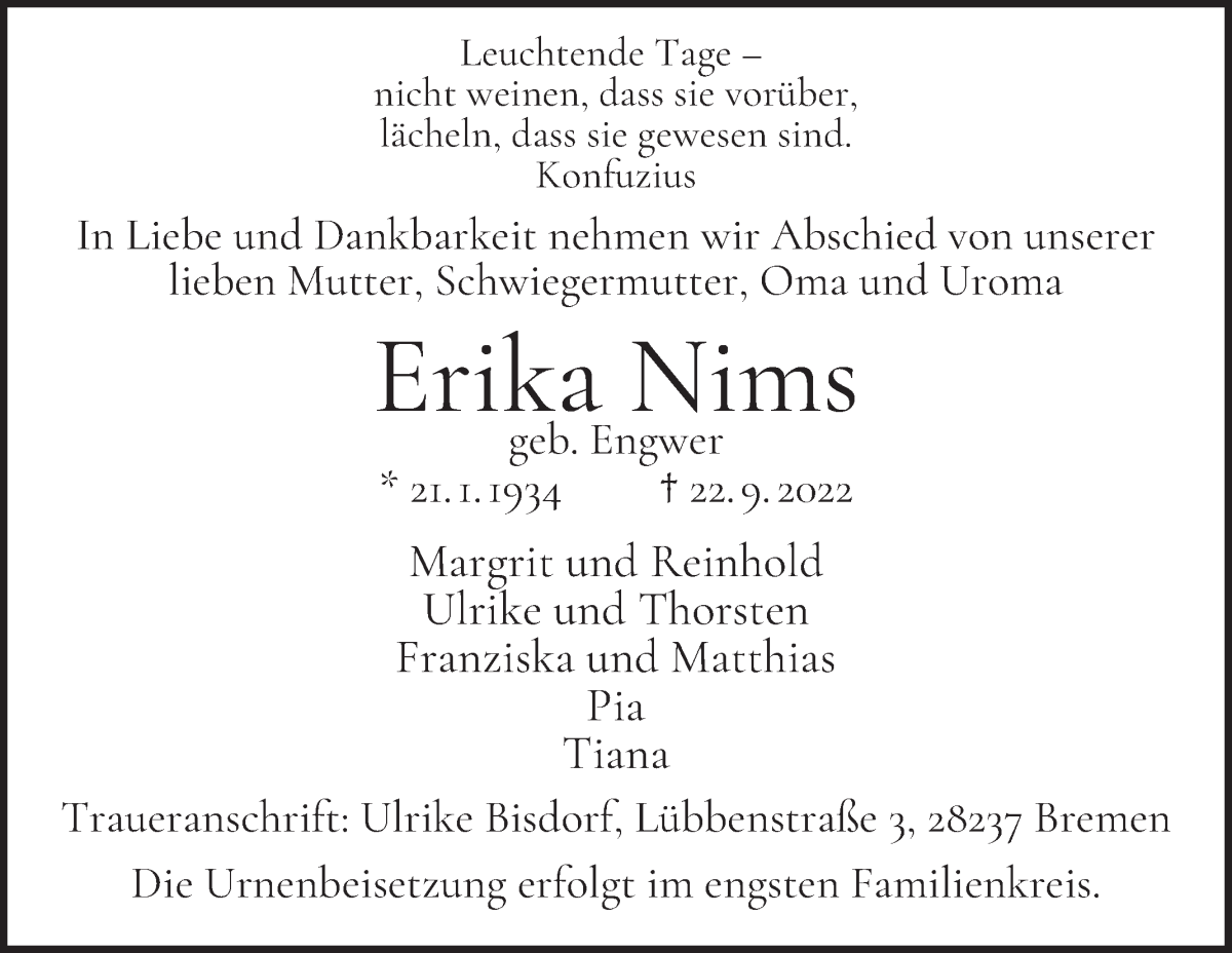Traueranzeige von Erika Nims von WESER-KURIER