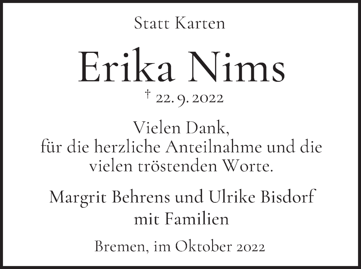 Traueranzeige von Erika Nims von WESER-KURIER