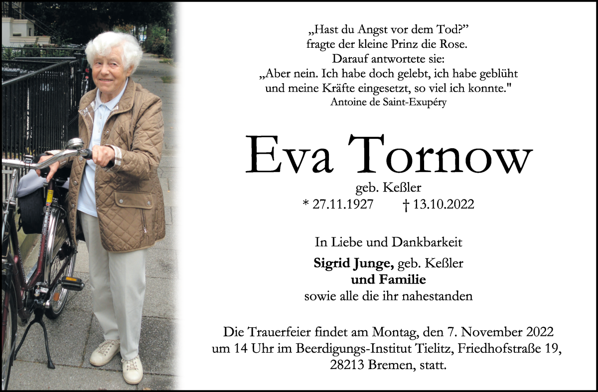 Traueranzeige von Eva Tornow von WESER-KURIER