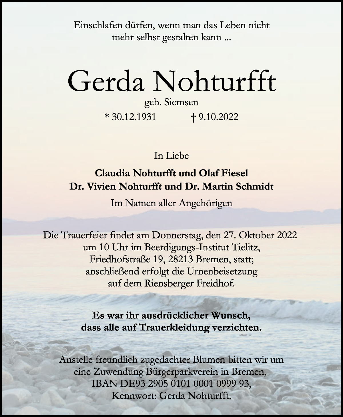 Traueranzeige von Gerda Nohturfft von WESER-KURIER
