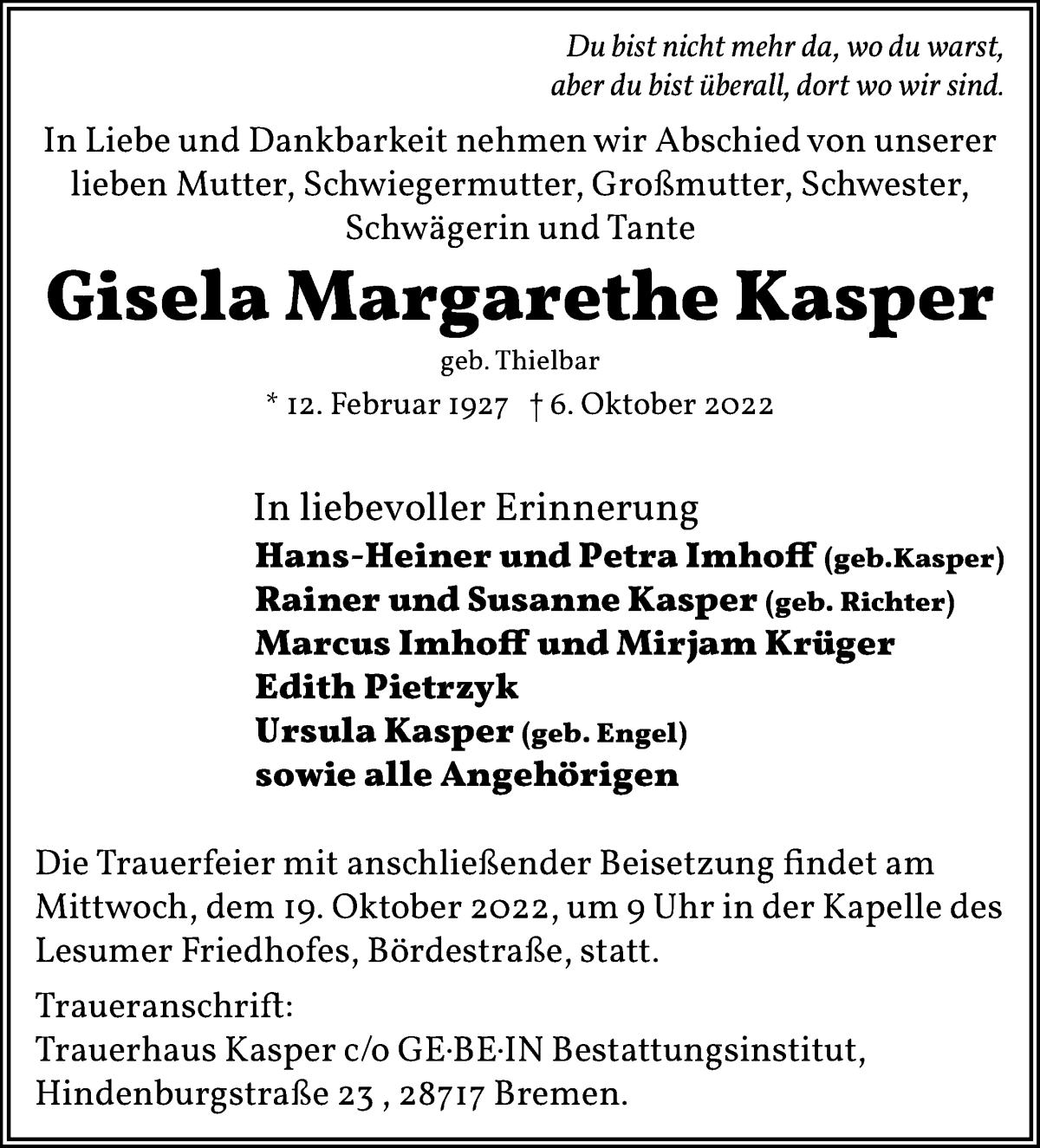 Traueranzeige von Gisela Margarethe Kasper von Die Norddeutsche