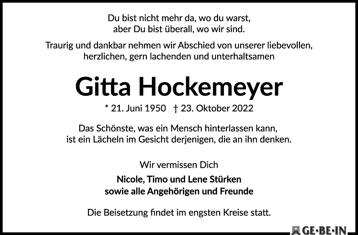 Traueranzeige von Gitta Hockemeyer von WESER-KURIER