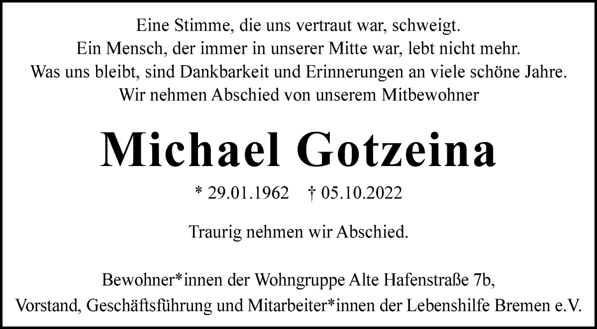 Traueranzeige von Michael Gotzeina von Die Norddeutsche
