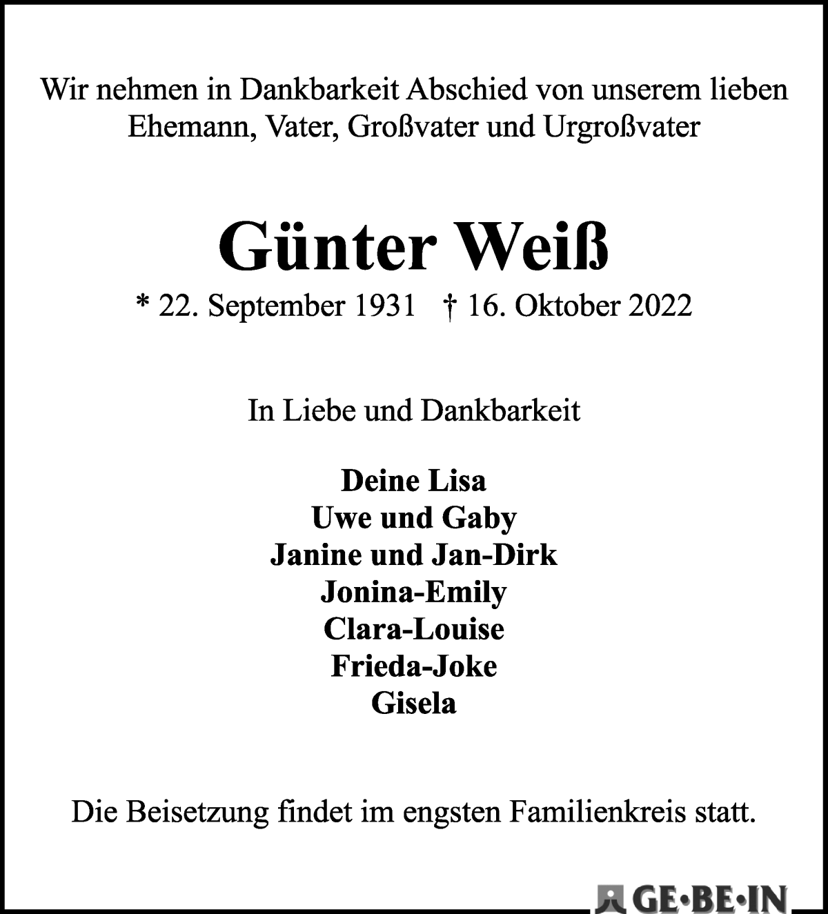 Traueranzeige von Günter Weiß von WESER-KURIER