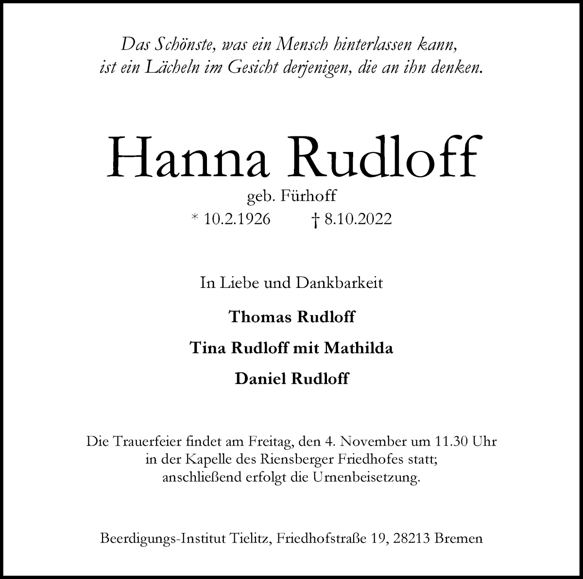 Traueranzeige von Hanna Rudloff von WESER-KURIER