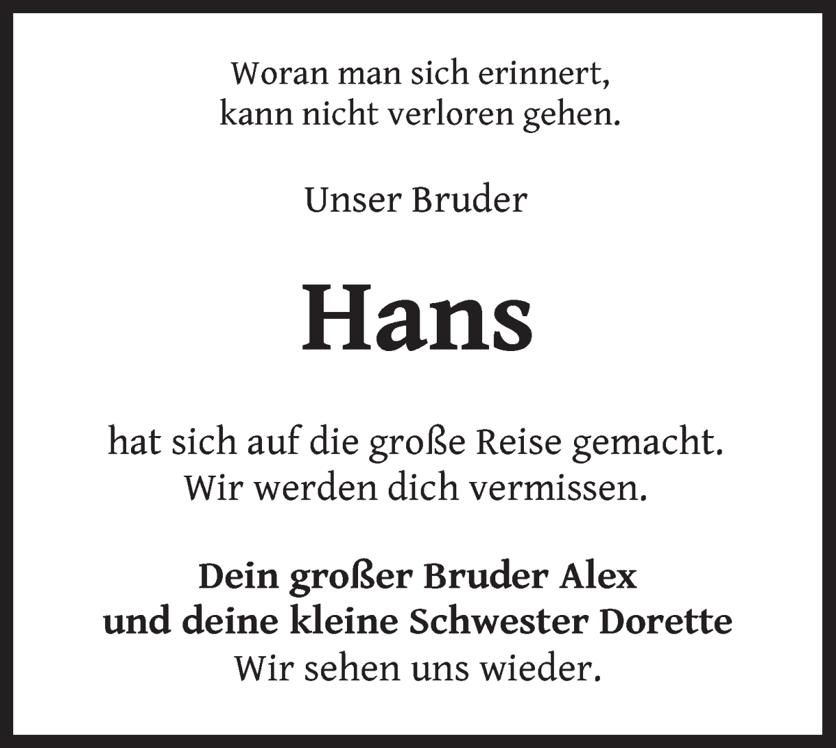 Traueranzeige von Hans Becker von WESER-KURIER