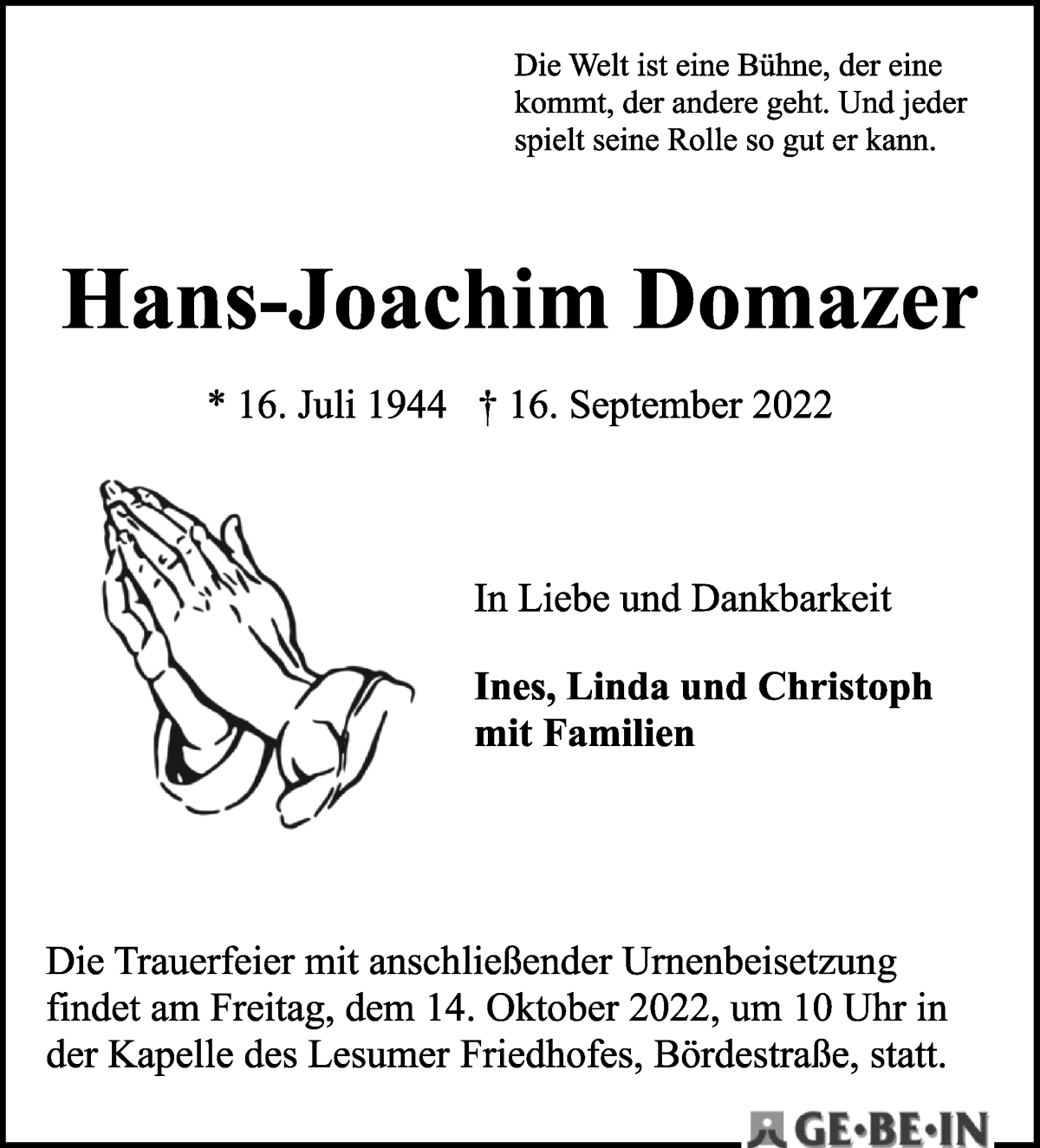 Traueranzeige von Hans-Joachim Domazer von Die Norddeutsche