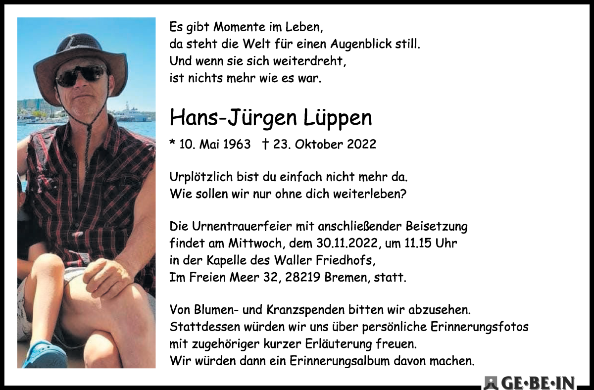 Traueranzeige von Hans-Jürgen Lüppen von WESER-KURIER