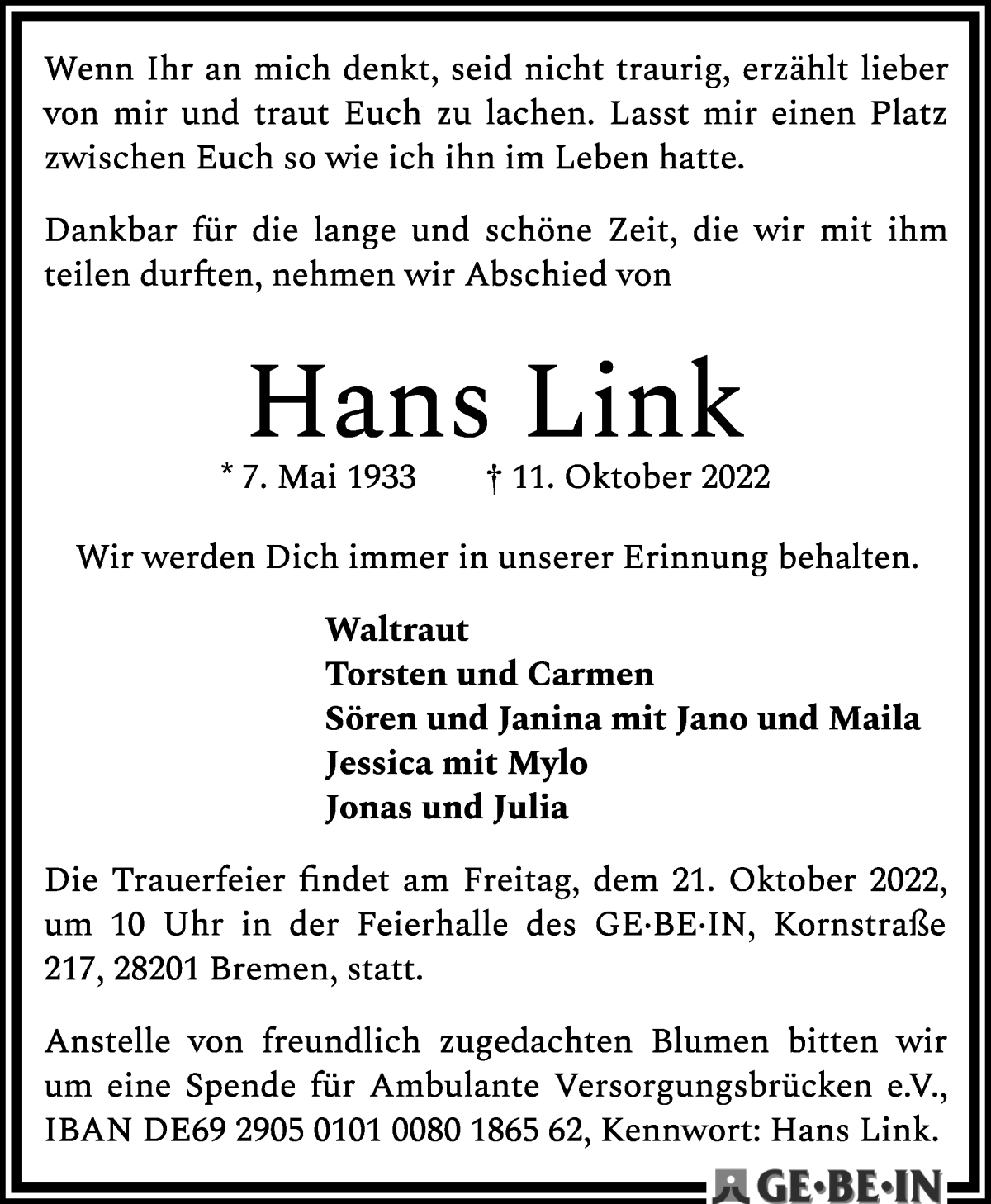 Traueranzeige von Hans Link von WESER-KURIER