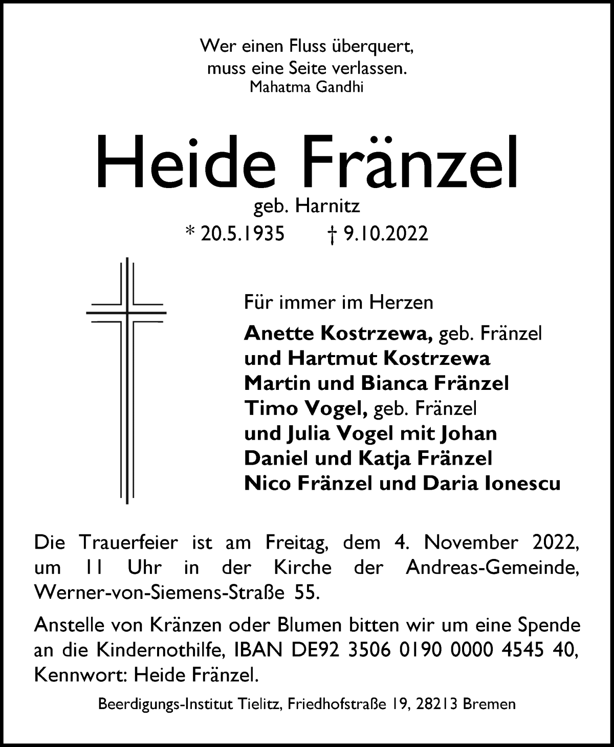 Traueranzeige von Heide Fränzel von WESER-KURIER