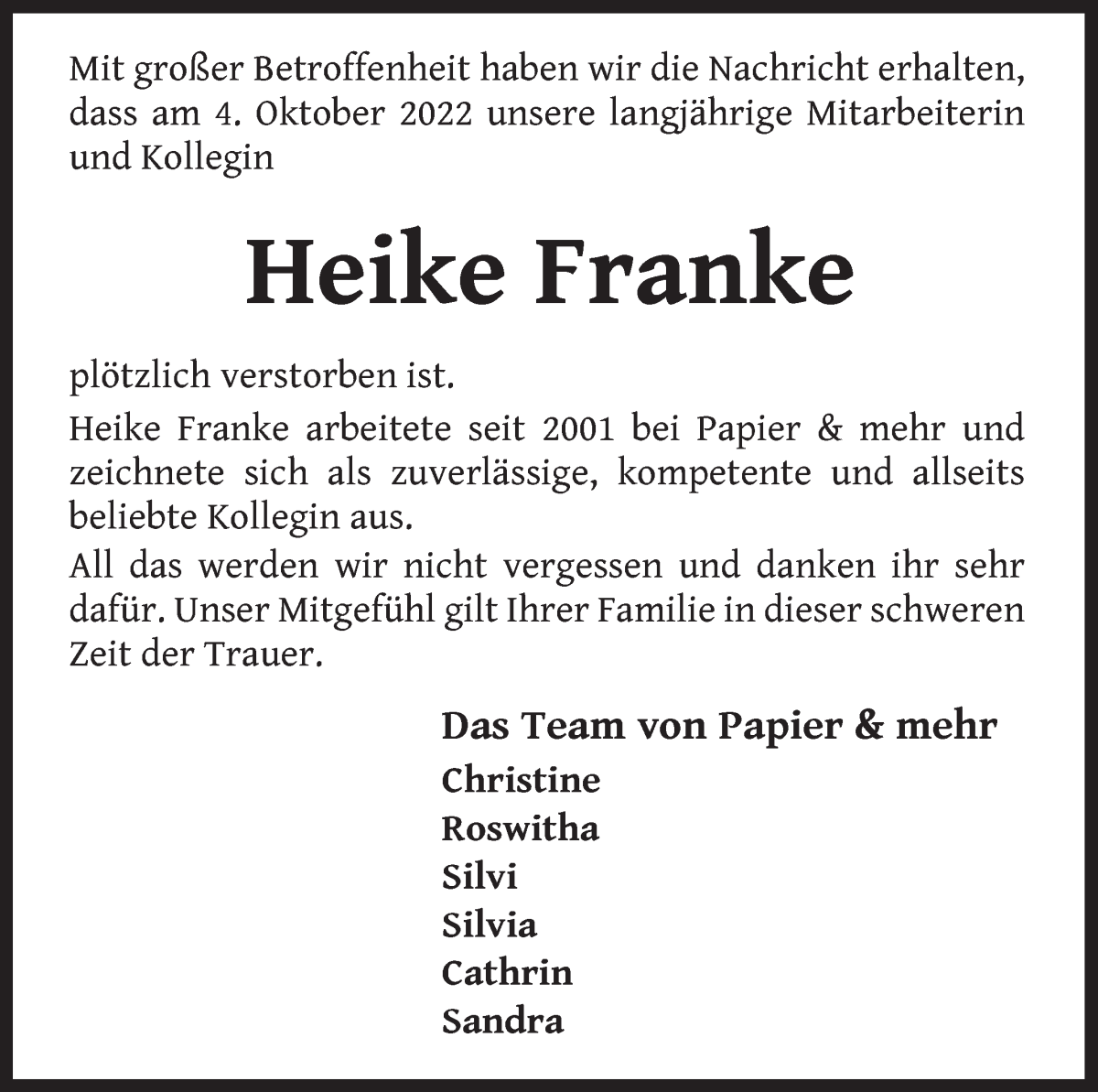 Traueranzeige von Heike Franke von Die Norddeutsche