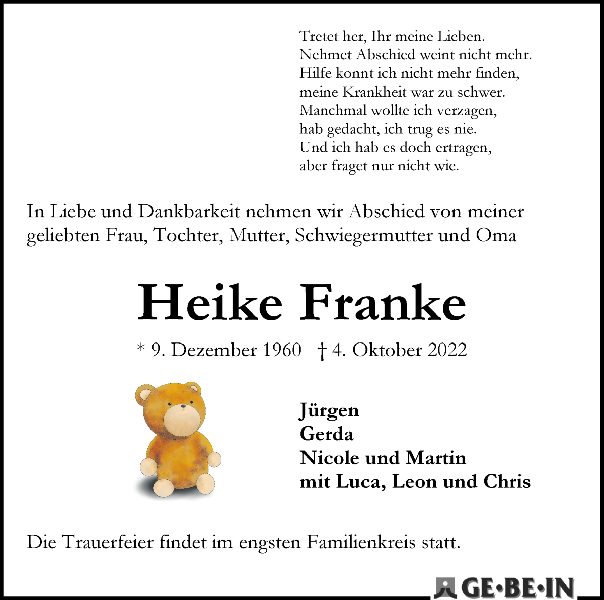 Traueranzeige von Heike Franke von Die Norddeutsche