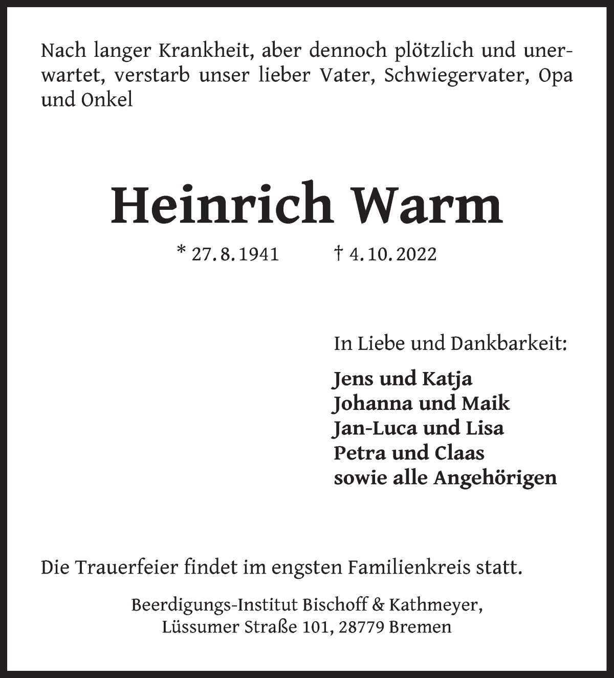 Traueranzeige von Heinrich Warm von Die Norddeutsche