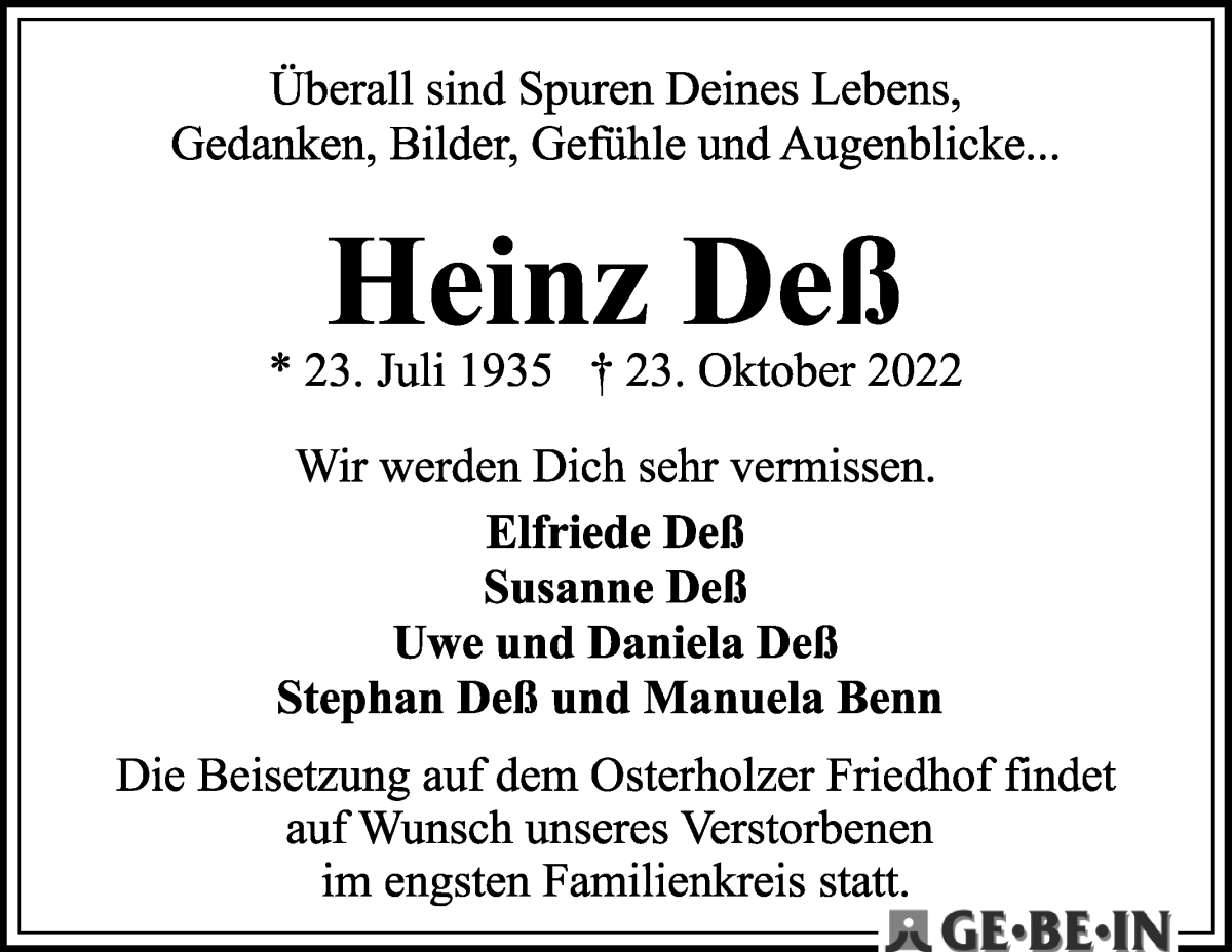 Traueranzeige von Heinz Deß von WESER-KURIER
