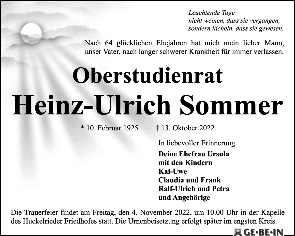 Traueranzeige von Heinz-Ulrich Sommer von WESER-KURIER