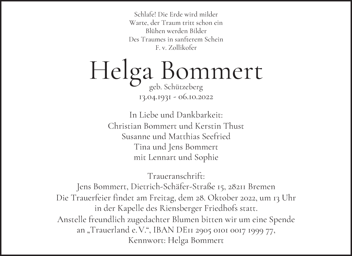 Traueranzeige von Helga Bommert von WESER-KURIER