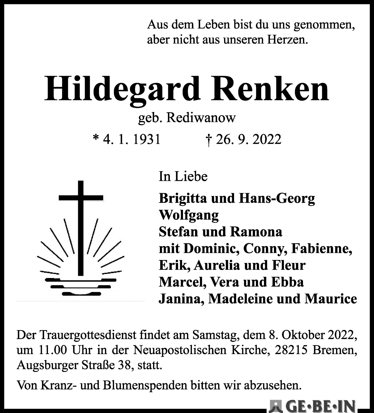 Traueranzeige von Hildegard Renken von WESER-KURIER