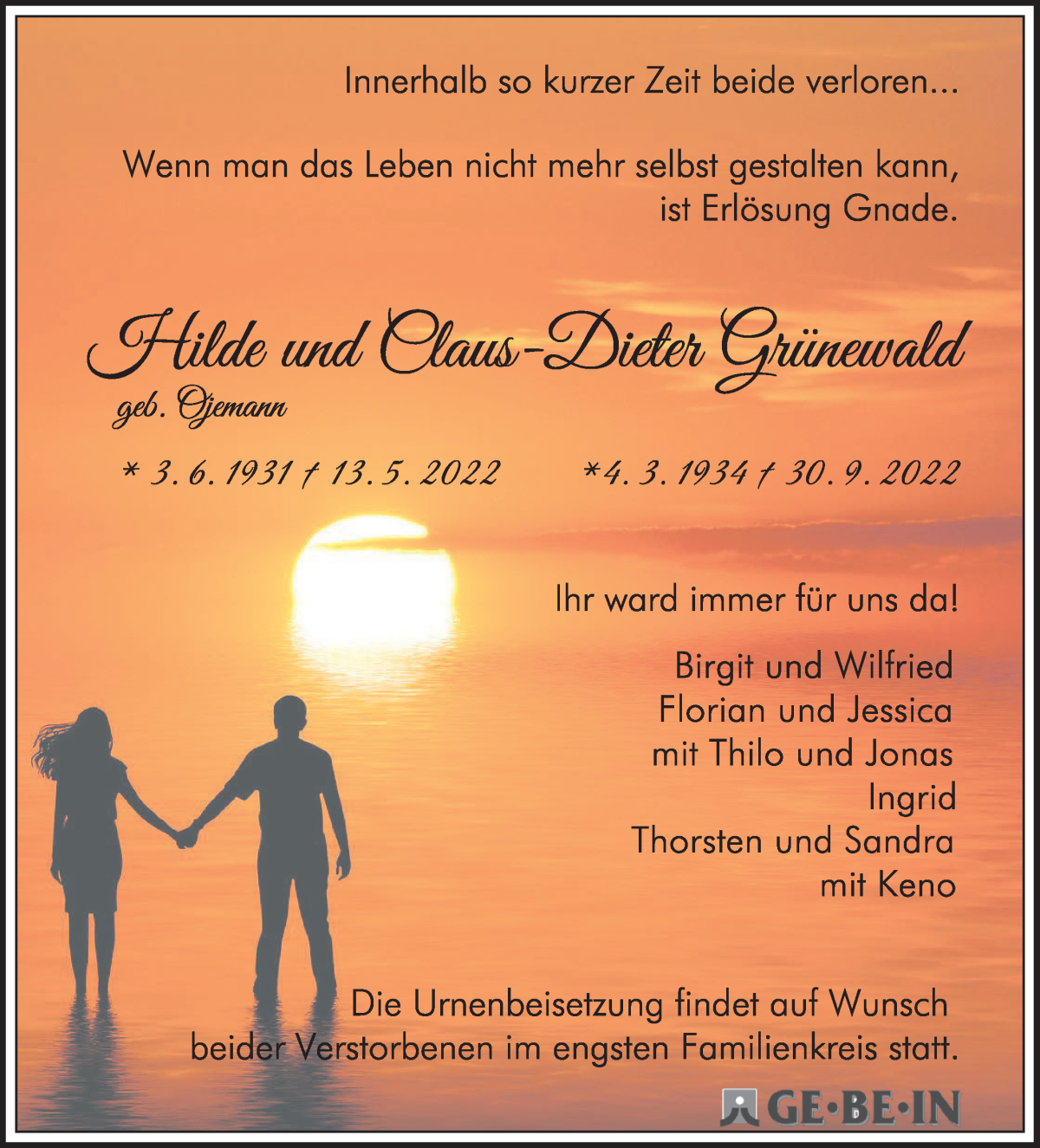Traueranzeige von Hilde und Claus-Dieter Grünewald von WESER-KURIER