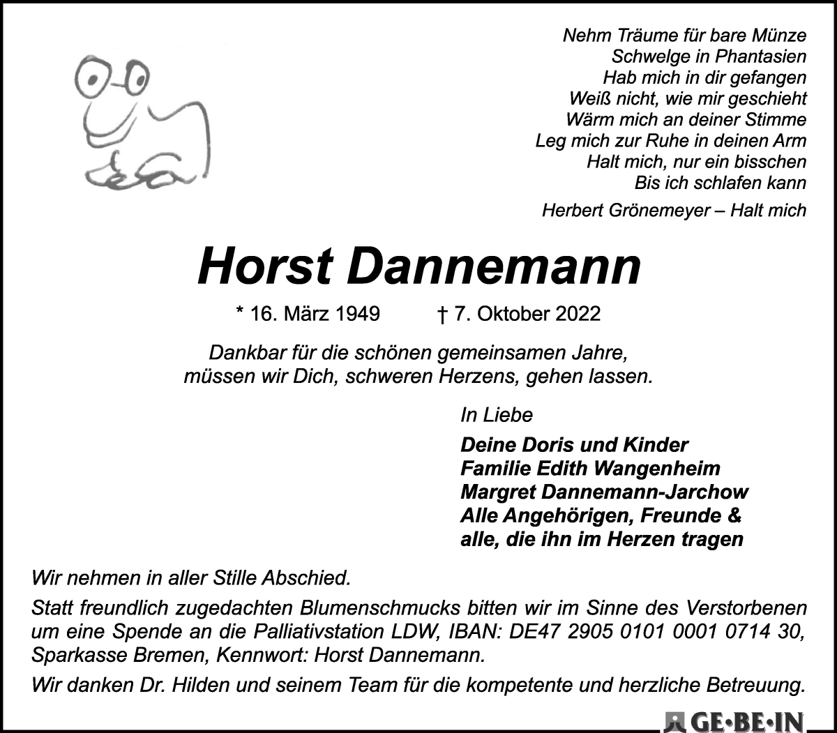 Traueranzeige von Horst Dannemann von WESER-KURIER