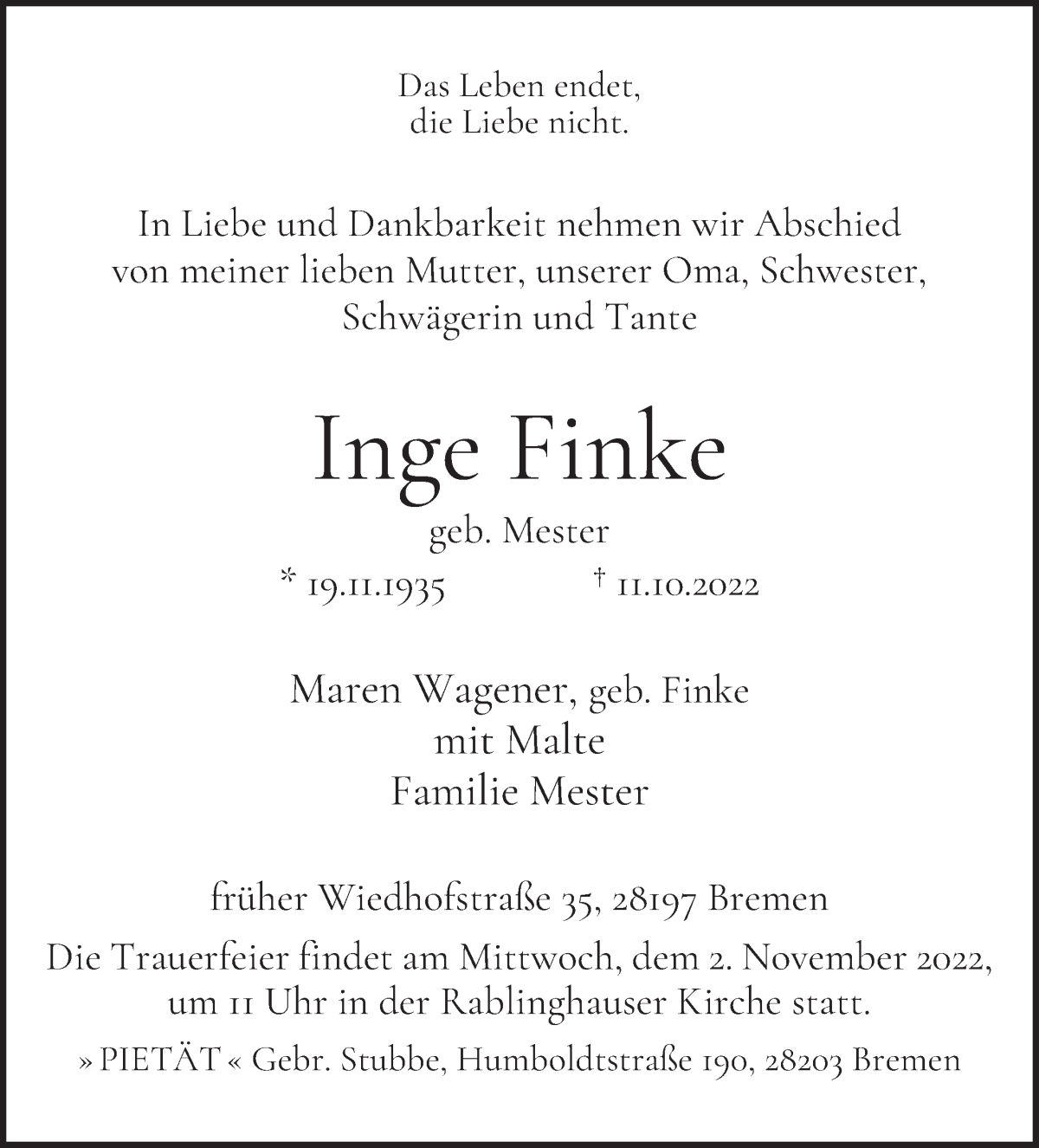 Traueranzeige von Inge Finke von WESER-KURIER