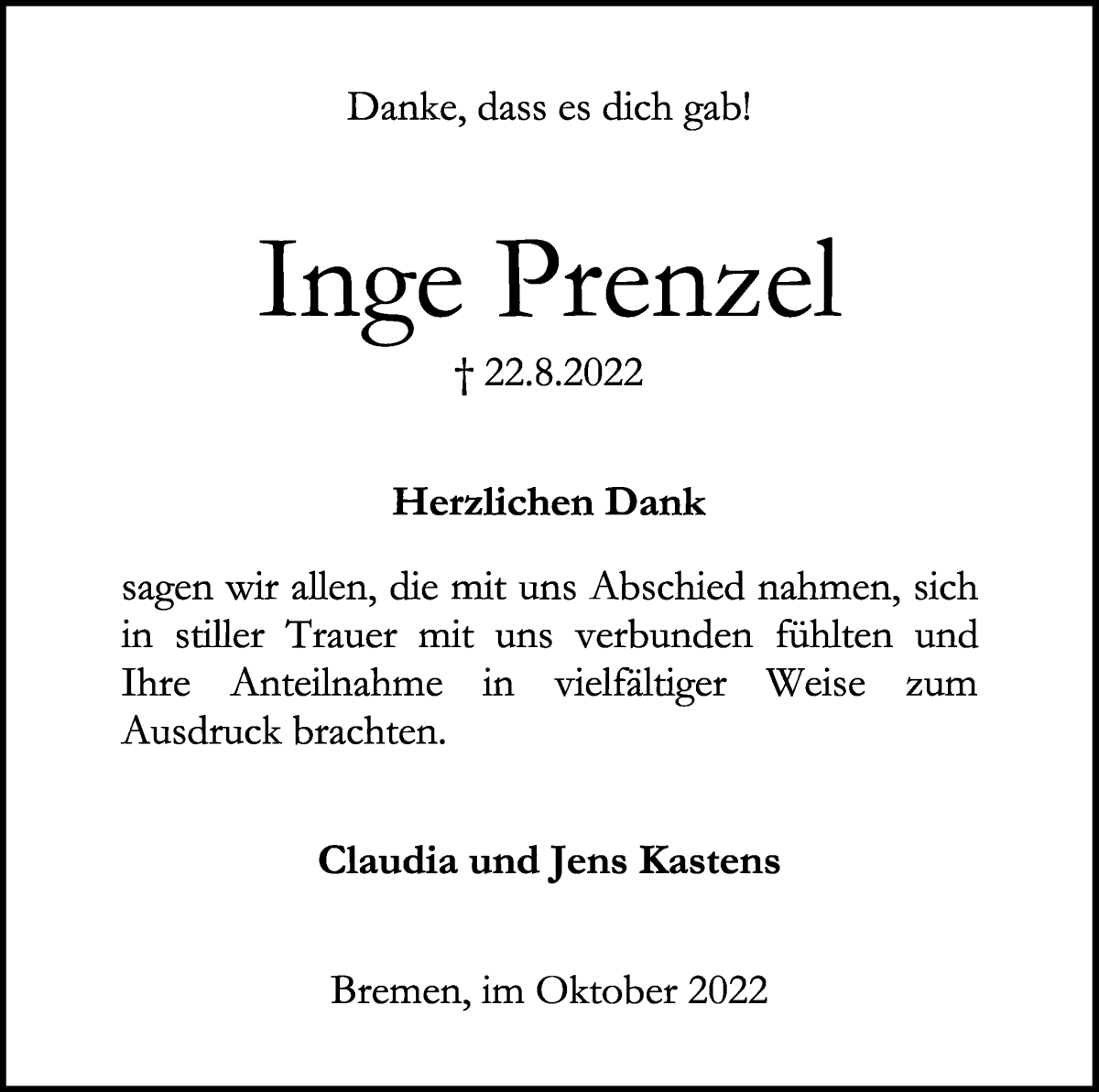 Traueranzeige von Inge Prenzel von WESER-KURIER