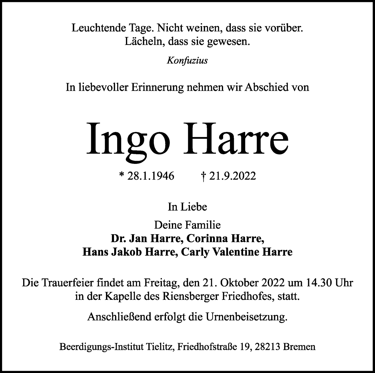 Traueranzeige von Ingo Harre von WESER-KURIER