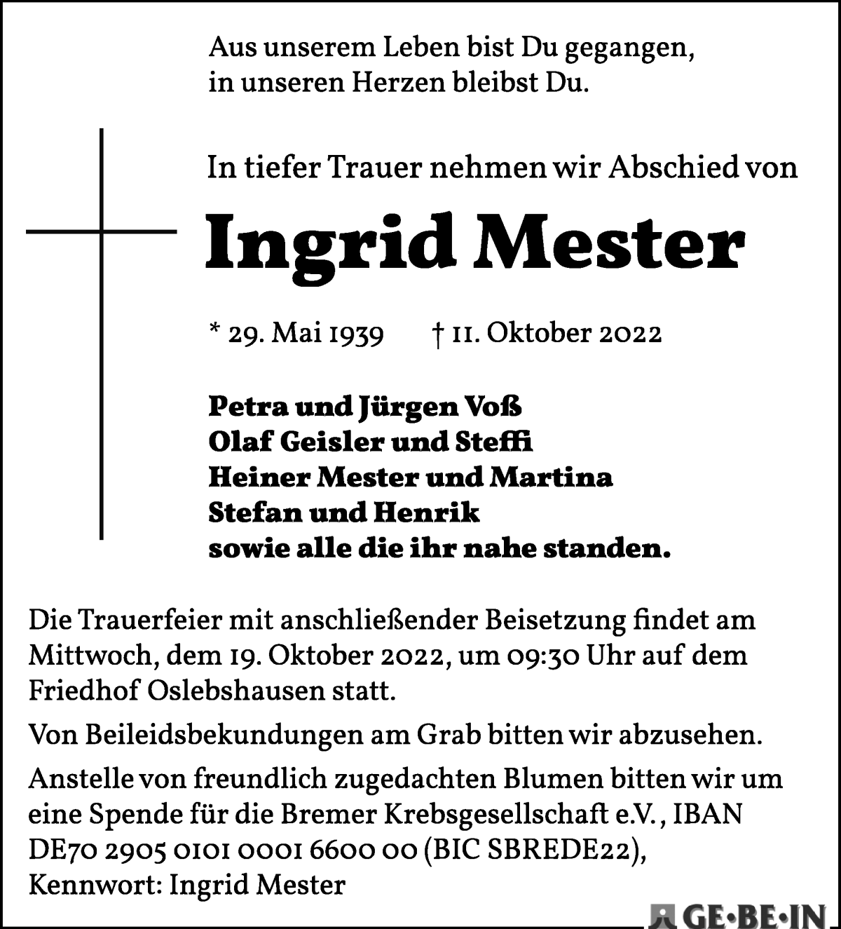 Traueranzeige von Ingrid Mester von WESER-KURIER