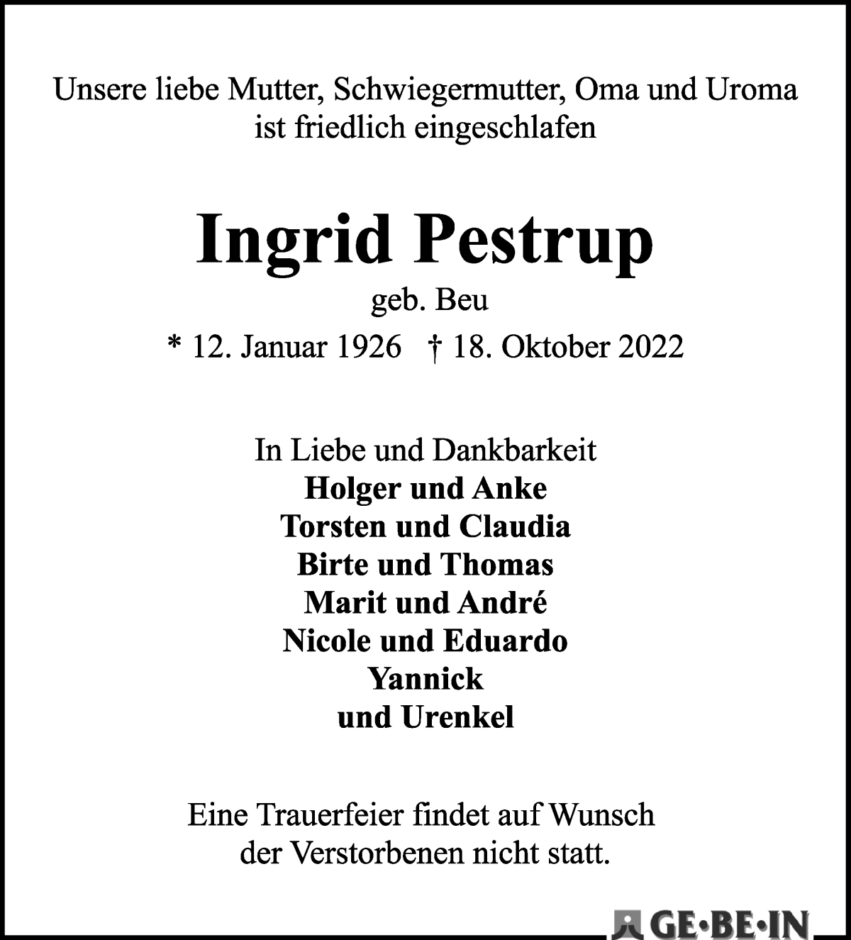 Traueranzeige von Ingrid Pestrup von WESER-KURIER