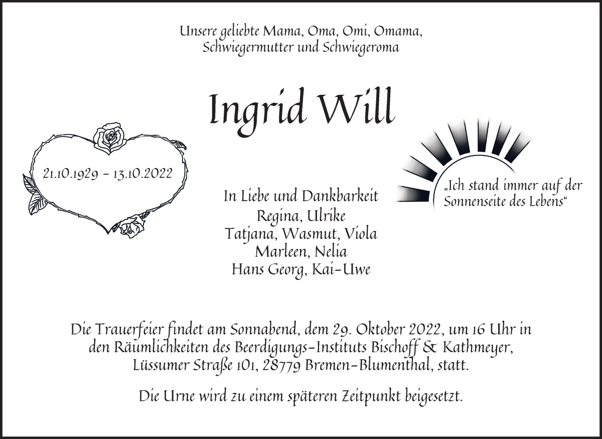 Traueranzeige von Ingrid Will von Die Norddeutsche