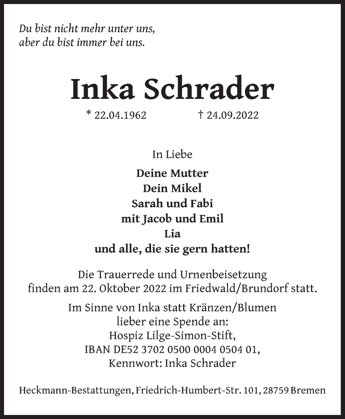Traueranzeige von Inka Schrader von Die Norddeutsche