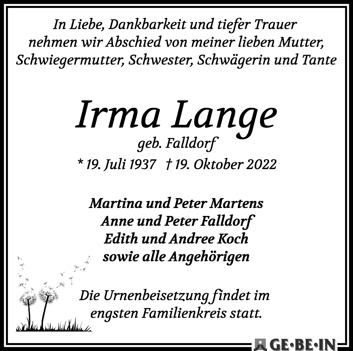 Traueranzeige von Irma Lange von WESER-KURIER