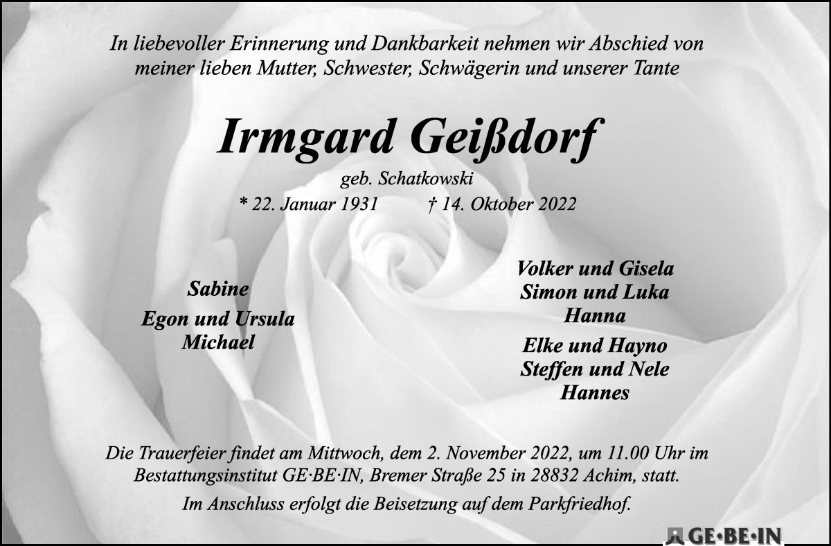Traueranzeige von Irmgard Geißdorf von WESER-KURIER