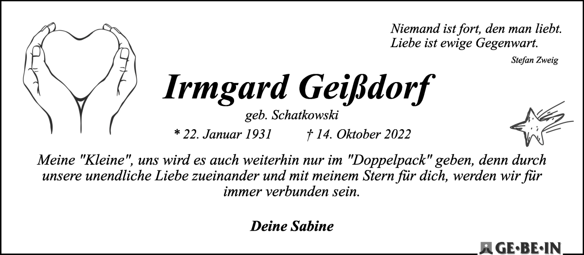 Traueranzeige von Irmgard Geißdorf von WESER-KURIER