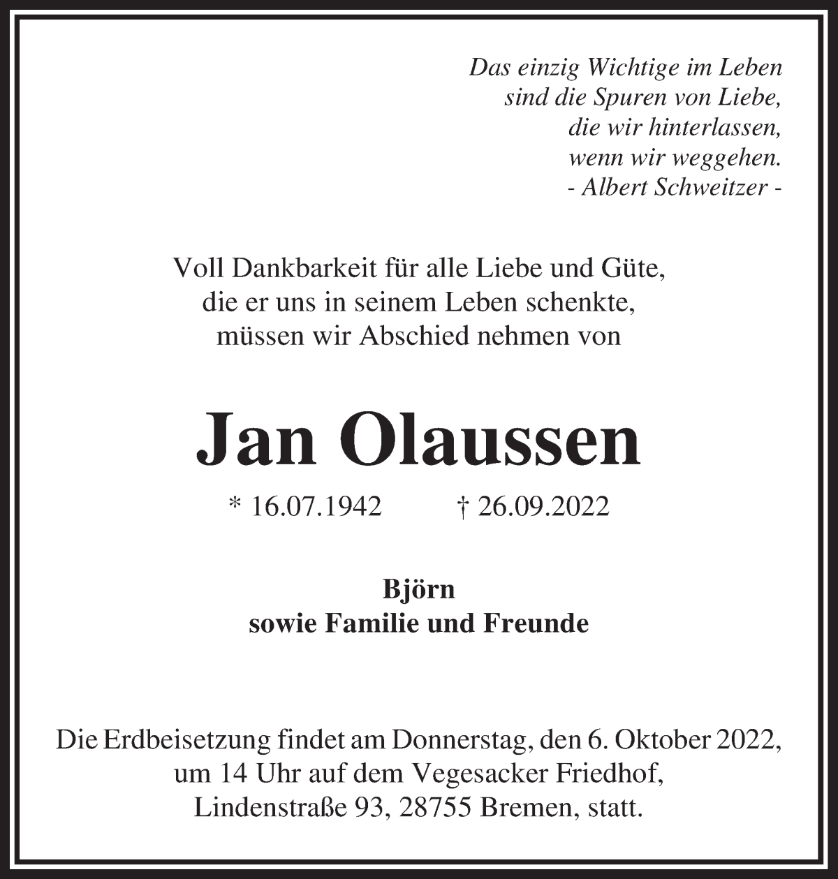 Traueranzeige von Jan Olaussen von Die Norddeutsche