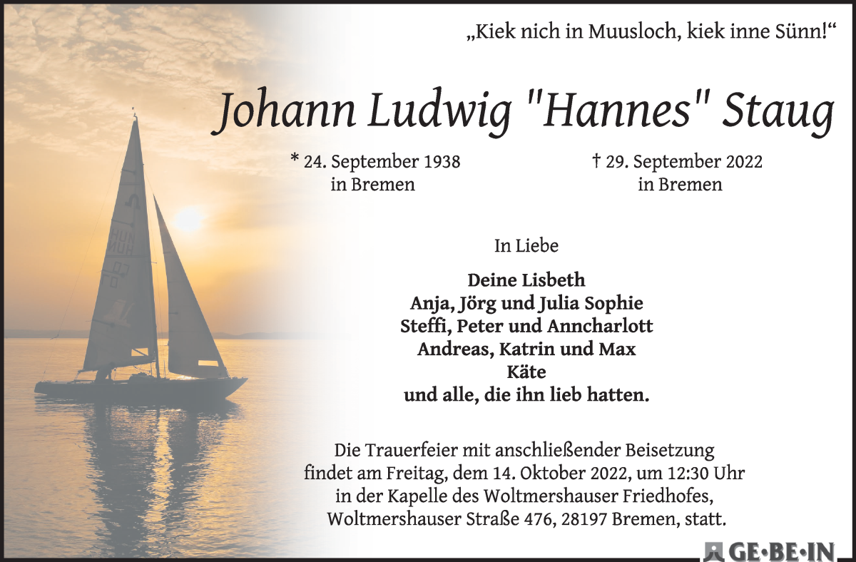 Traueranzeige von Johann Ludwig Staug von WESER-KURIER