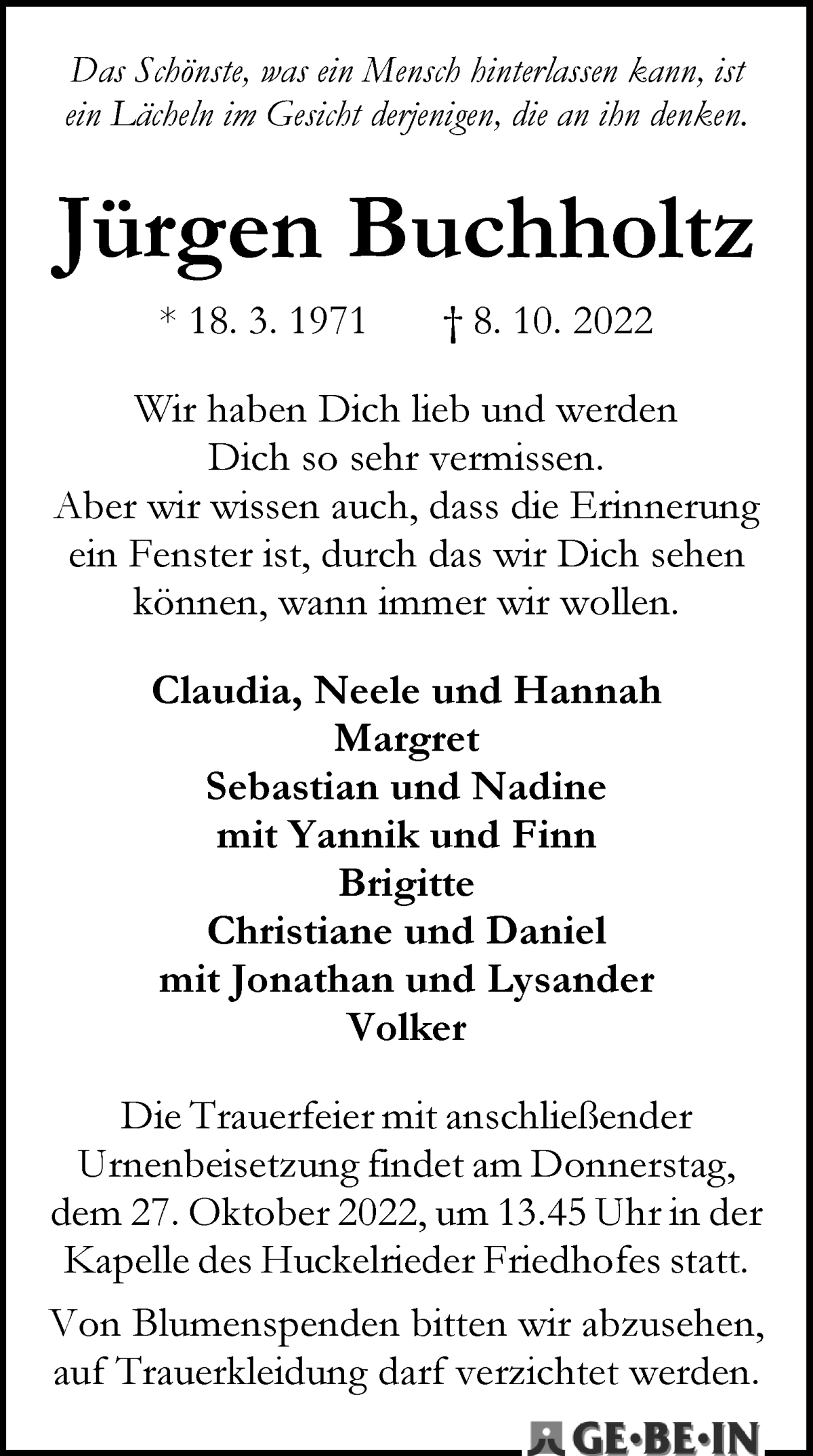 Traueranzeige von Jürgen Buchholtz von WESER-KURIER