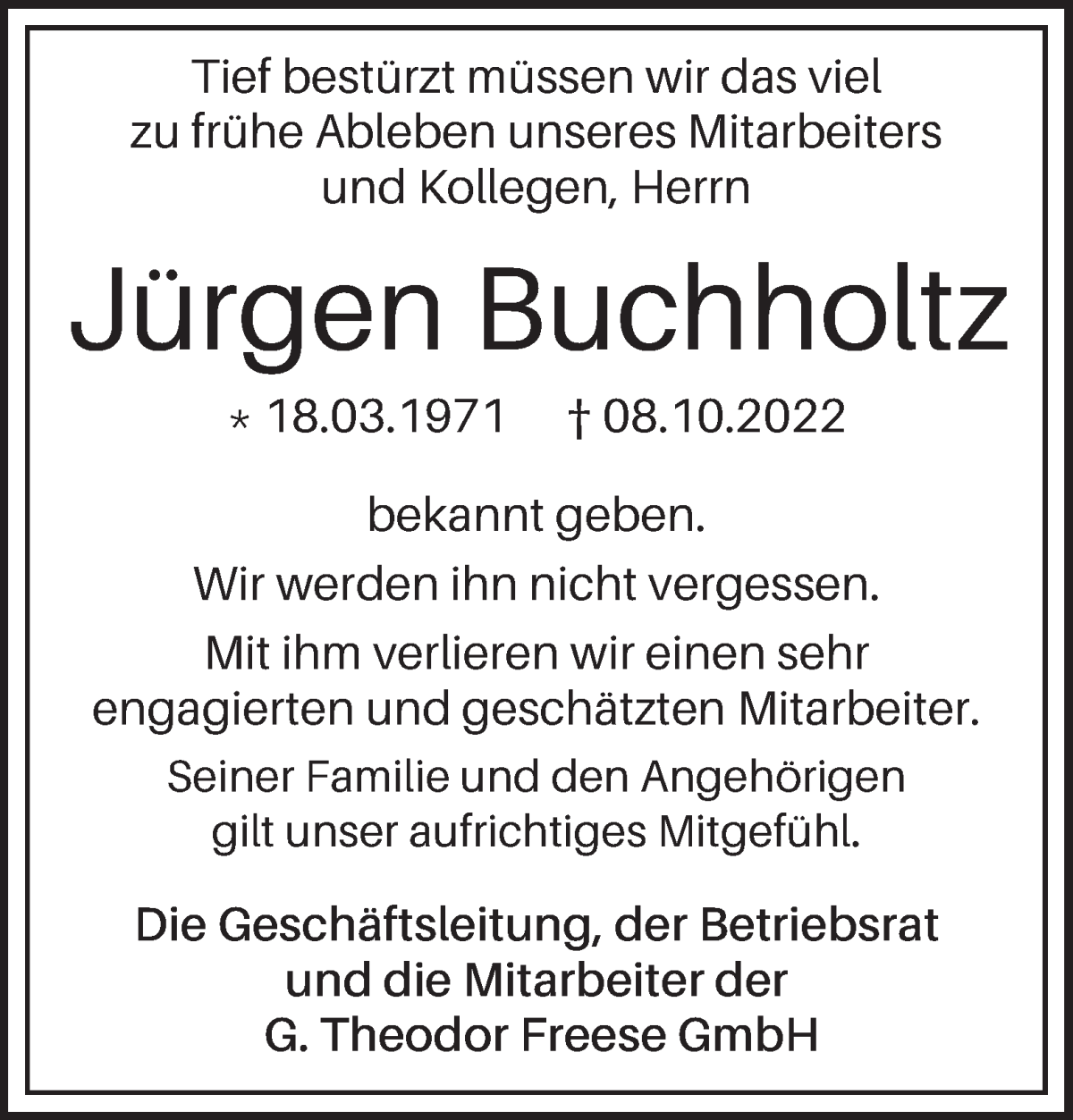 Traueranzeige von Jürgen Buchholtz von WESER-KURIER