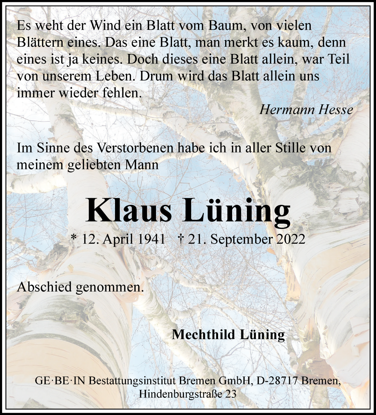 Traueranzeige von Klaus Lüning von WESER-KURIER
